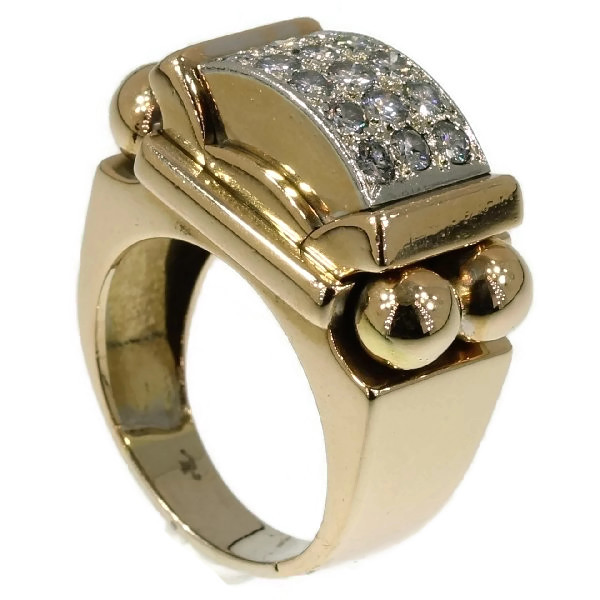 Strong design gold Retro cocktail ring with diamonds, estate ring